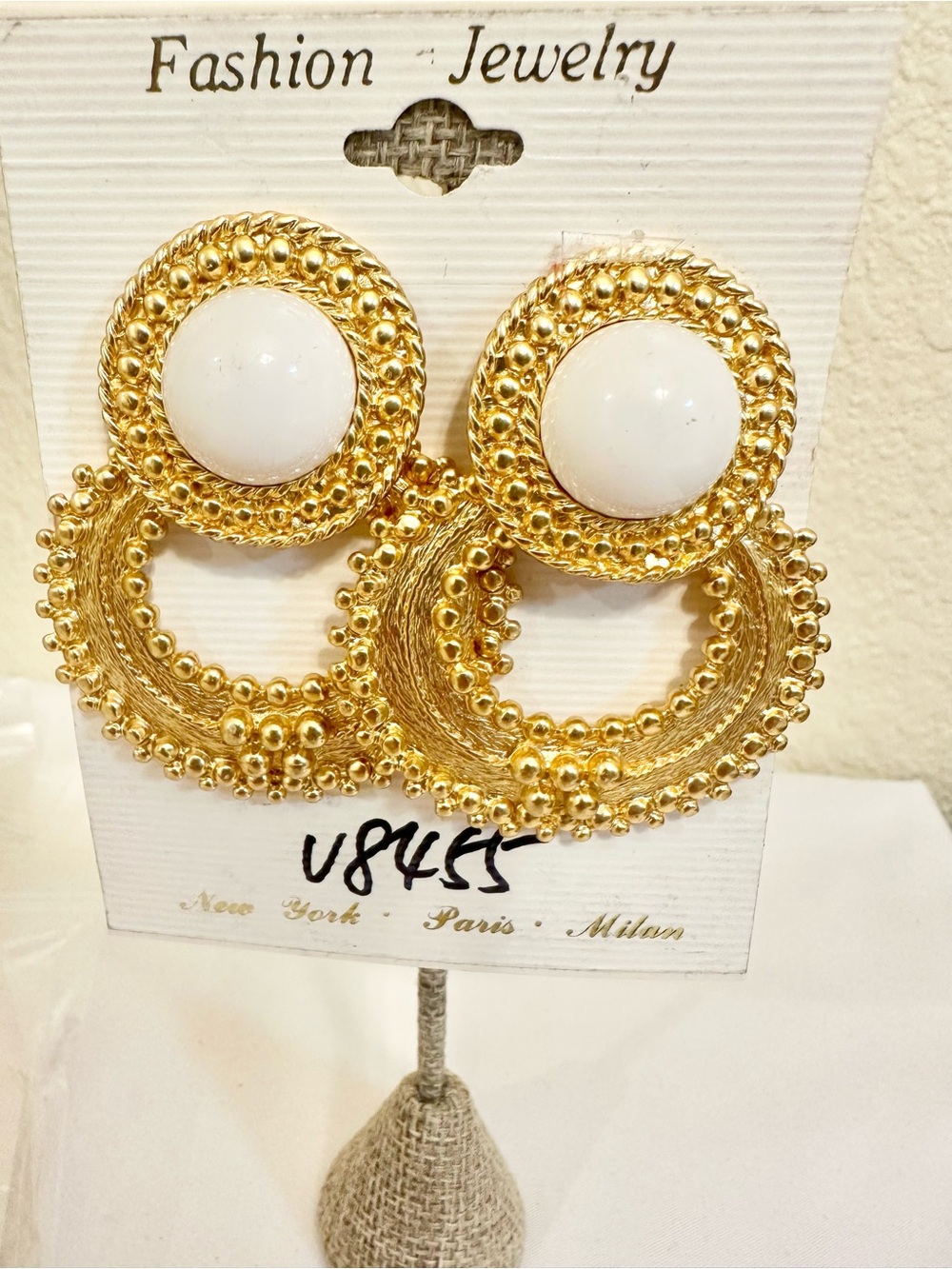 90s Vintage Gold & White Statement Hoop Drop Earrings - High Quality